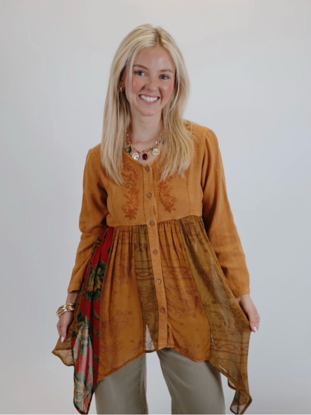 Young threads Mustard embroidered & Button-Front Tunic Top